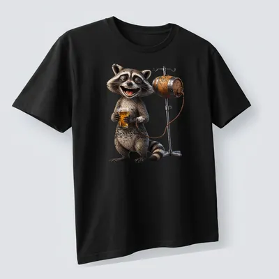 Cartoon raccoon holding a beer with 'Addictive Intravenous Infusion Beer' text — printed on a unisex t-shirt (angled view)