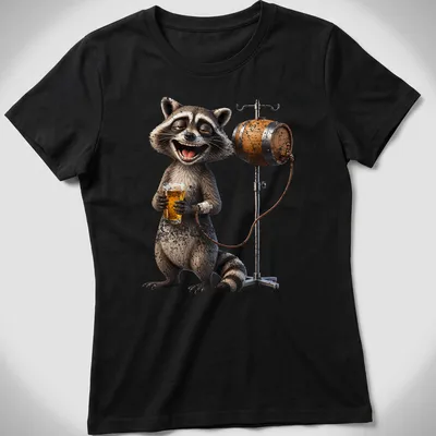 Cartoon raccoon holding a beer with 'Addictive Intravenous Infusion Beer' text — printed on a women's shirt