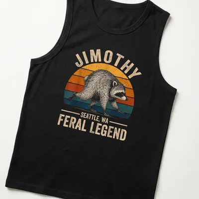 Vintage retro t-shirt featuring a raccoon and the text Jimothy Seattle, WA Feral Legend — printed on a tank top
