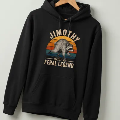 Vintage retro t-shirt featuring a raccoon and the text Jimothy Seattle, WA Feral Legend — printed on a unisex hoodie