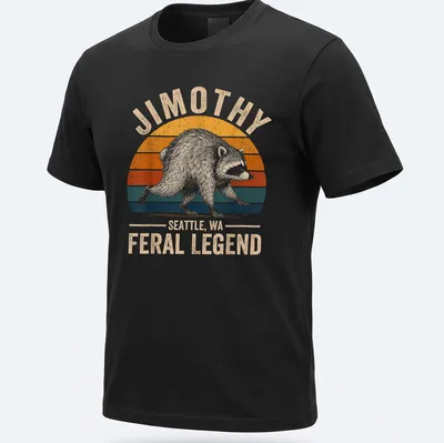 Vintage retro t-shirt featuring a raccoon and the text Jimothy Seattle, WA Feral Legend