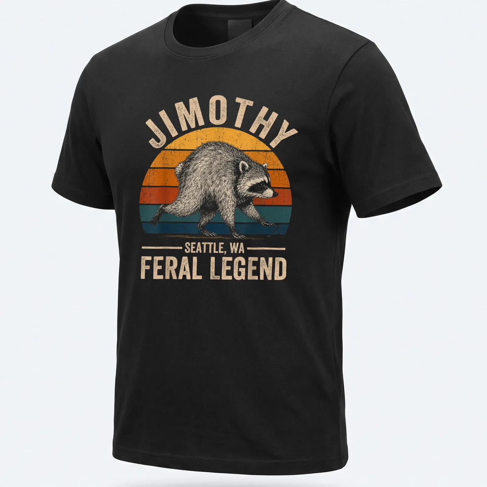 Vintage retro t-shirt featuring a raccoon and the text Jimothy Seattle, WA Feral Legend — printed on a unisex t-shirt