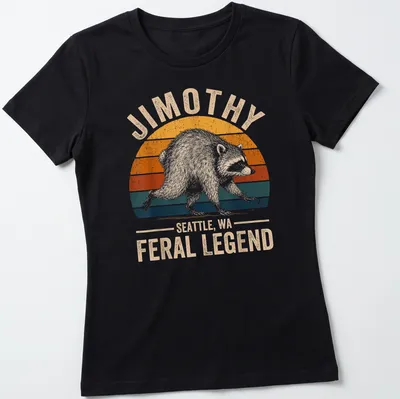 Vintage retro t-shirt featuring a raccoon and the text Jimothy Seattle, WA Feral Legend — printed on a women's shirt