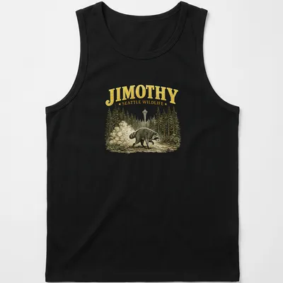 Vintage style t-shirt featuring a whimsical raccoon and text Jimothy Seattle Wildlife — printed on a tank top