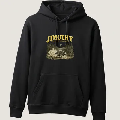 Vintage style t-shirt featuring a whimsical raccoon and text Jimothy Seattle Wildlife — printed on a unisex hoodie