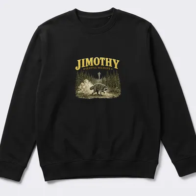 Vintage style t-shirt featuring a whimsical raccoon and text Jimothy Seattle Wildlife — printed on a unisex sweatshirt