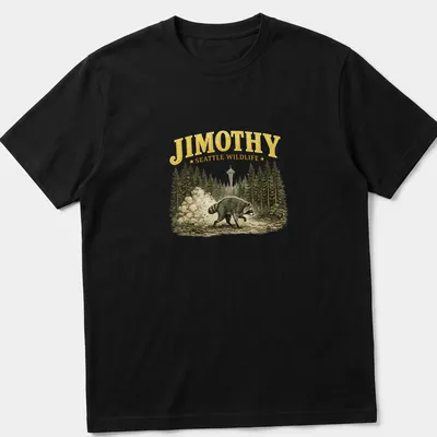 Vintage style t-shirt featuring a whimsical raccoon and text Jimothy Seattle Wildlife