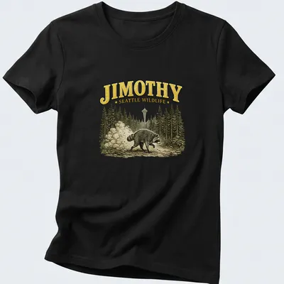 Vintage style t-shirt featuring a whimsical raccoon and text Jimothy Seattle Wildlife — printed on a women's shirt