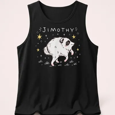 Kawaii line-art raccoon illustration with the name Jimothy in playful text. — printed on a tank top