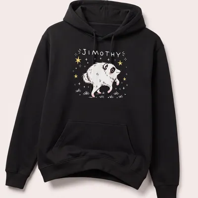 Kawaii line-art raccoon illustration with the name Jimothy in playful text. — printed on a unisex hoodie