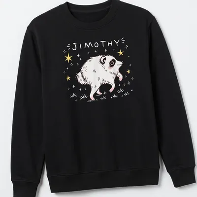 Kawaii line-art raccoon illustration with the name Jimothy in playful text. — printed on a unisex sweatshirt