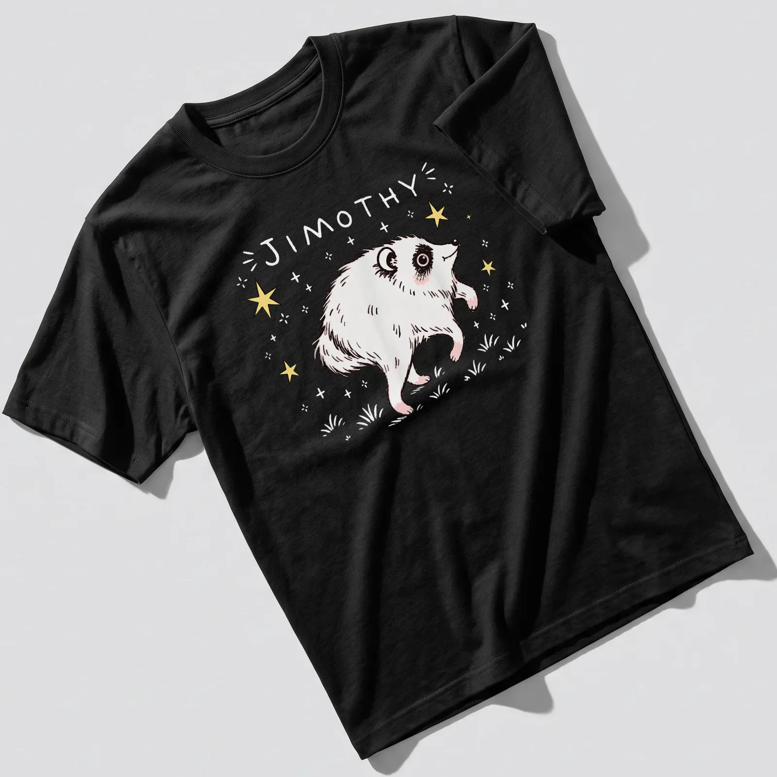 Kawaii line-art raccoon illustration with the name Jimothy in playful text. — printed on a unisex t-shirt