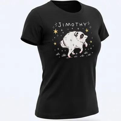 Kawaii line-art raccoon illustration with the name Jimothy in playful text. — printed on a women's shirt