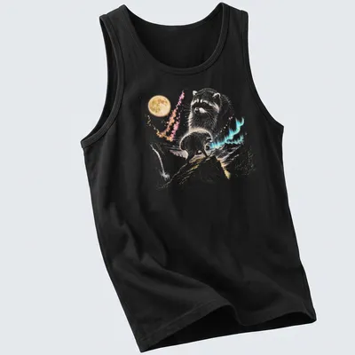 Watercolor design featuring a playful raccoon under a moonlit sky with vibrant colors — printed on a tank top