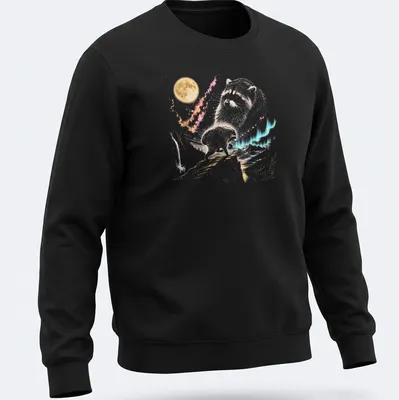 Watercolor design featuring a playful raccoon under a moonlit sky with vibrant colors — printed on a unisex sweatshirt