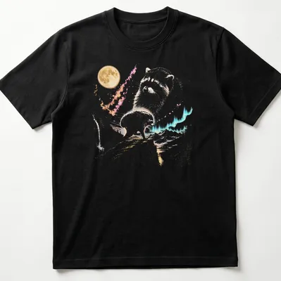 Watercolor design featuring a playful raccoon under a moonlit sky with vibrant colors