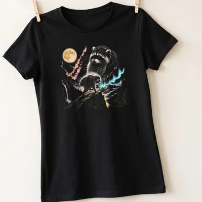 Watercolor design featuring a playful raccoon under a moonlit sky with vibrant colors — printed on a women's shirt