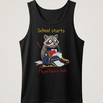 Cartoon raccoon with humorous text about school on a — printed on a tank top