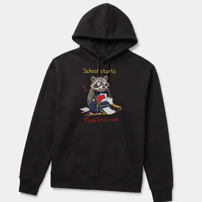 Cartoon raccoon with humorous text about school on a — printed on a unisex hoodie