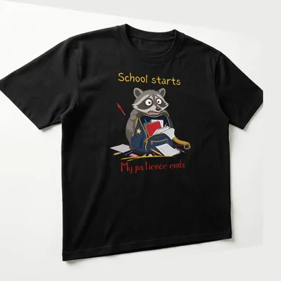 Cartoon raccoon with humorous text about school on a — printed on a unisex t-shirt (angled view)
