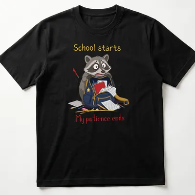 Cartoon raccoon with humorous text about school on a t-shirt