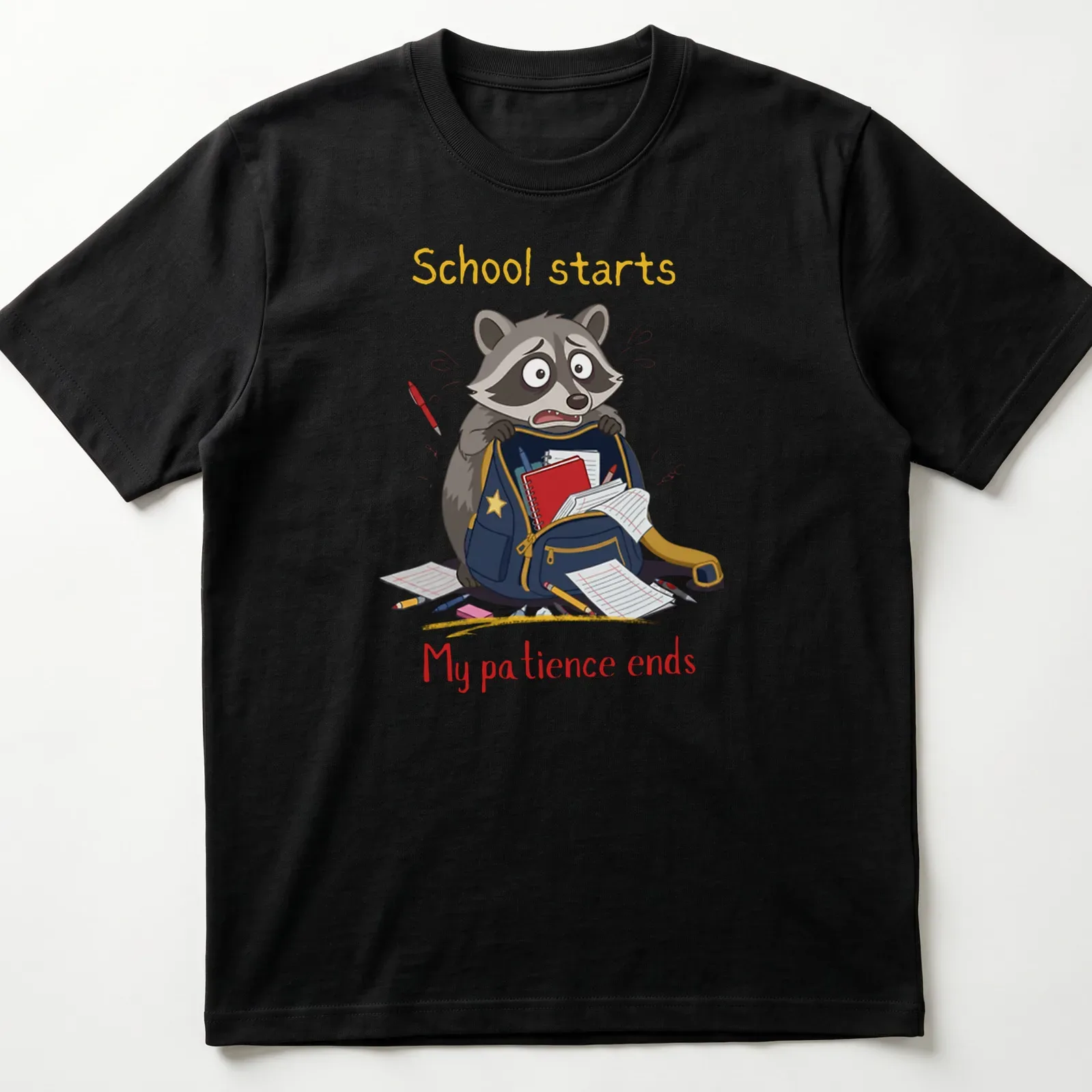 Cartoon raccoon with humorous text about school on a — printed on a unisex t-shirt