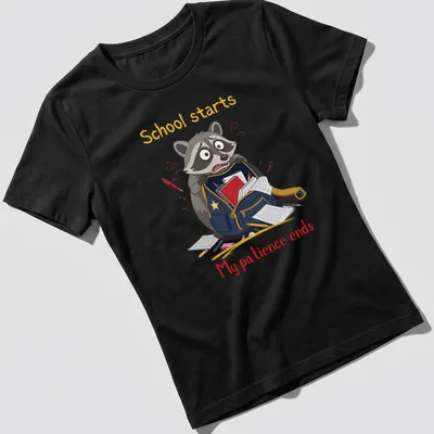 Cartoon raccoon with humorous text about school on a — printed on a women's shirt