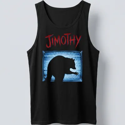 Raccoon silhouette in vintage TV static with the name Jimothy in bold text — printed on a tank top