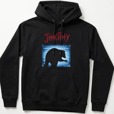 Raccoon silhouette in vintage TV static with the name Jimothy in bold text — printed on a unisex hoodie