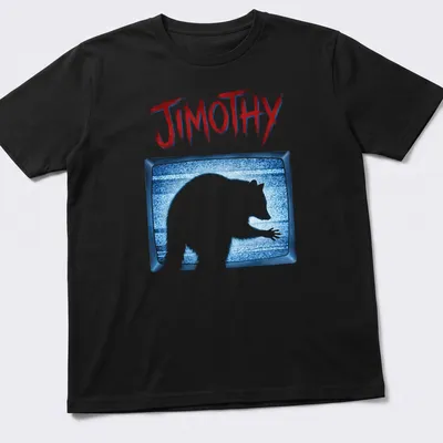 Raccoon silhouette in vintage TV static with the name Jimothy in bold text