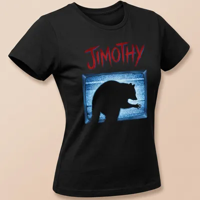 Raccoon silhouette in vintage TV static with the name Jimothy in bold text — printed on a women's shirt
