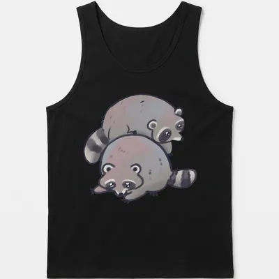 Kawaii style graphic of a stack of cute raccoons in gray, white, and black — printed on a tank top