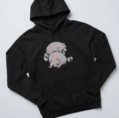 Kawaii style graphic of a stack of cute raccoons in gray, white, and black — printed on a unisex hoodie