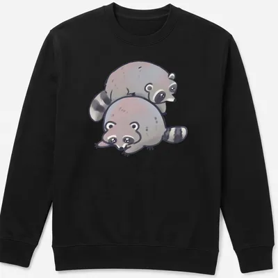 Kawaii style graphic of a stack of cute raccoons in gray, white, and black — printed on a unisex sweatshirt