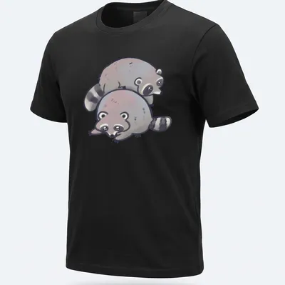 Kawaii style graphic of a stack of cute raccoons in gray, white, and black