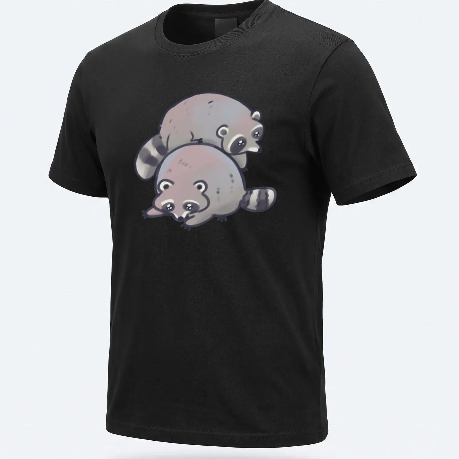 Kawaii style graphic of a stack of cute raccoons in gray, white, and black — printed on a unisex t-shirt