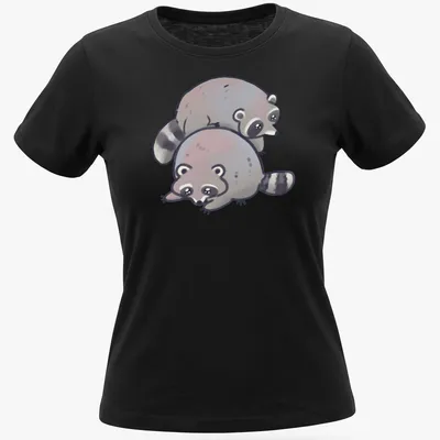 Kawaii style graphic of a stack of cute raccoons in gray, white, and black — printed on a women's shirt