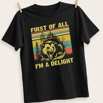 Vintage retro T-shirt featuring a raccoon with the text 'FIRST OF ALL I'M A DELIGHT'