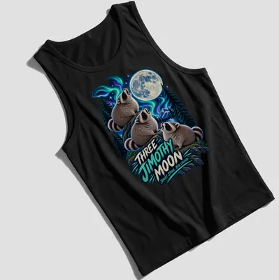Vibrant fantasy print of raccoons howling at the moon with whimsical text — printed on a tank top