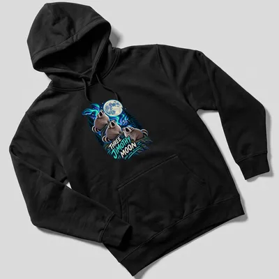 Vibrant fantasy print of raccoons howling at the moon with whimsical text — printed on a unisex hoodie