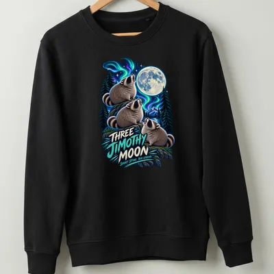 Vibrant fantasy print of raccoons howling at the moon with whimsical text — printed on a unisex sweatshirt