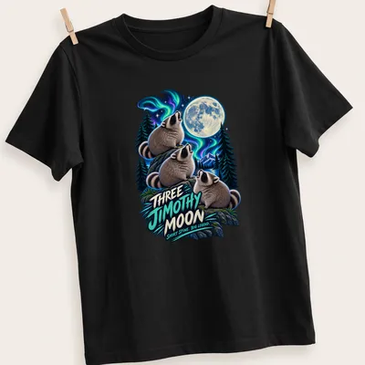 Vibrant fantasy print of raccoons howling at the moon with whimsical text