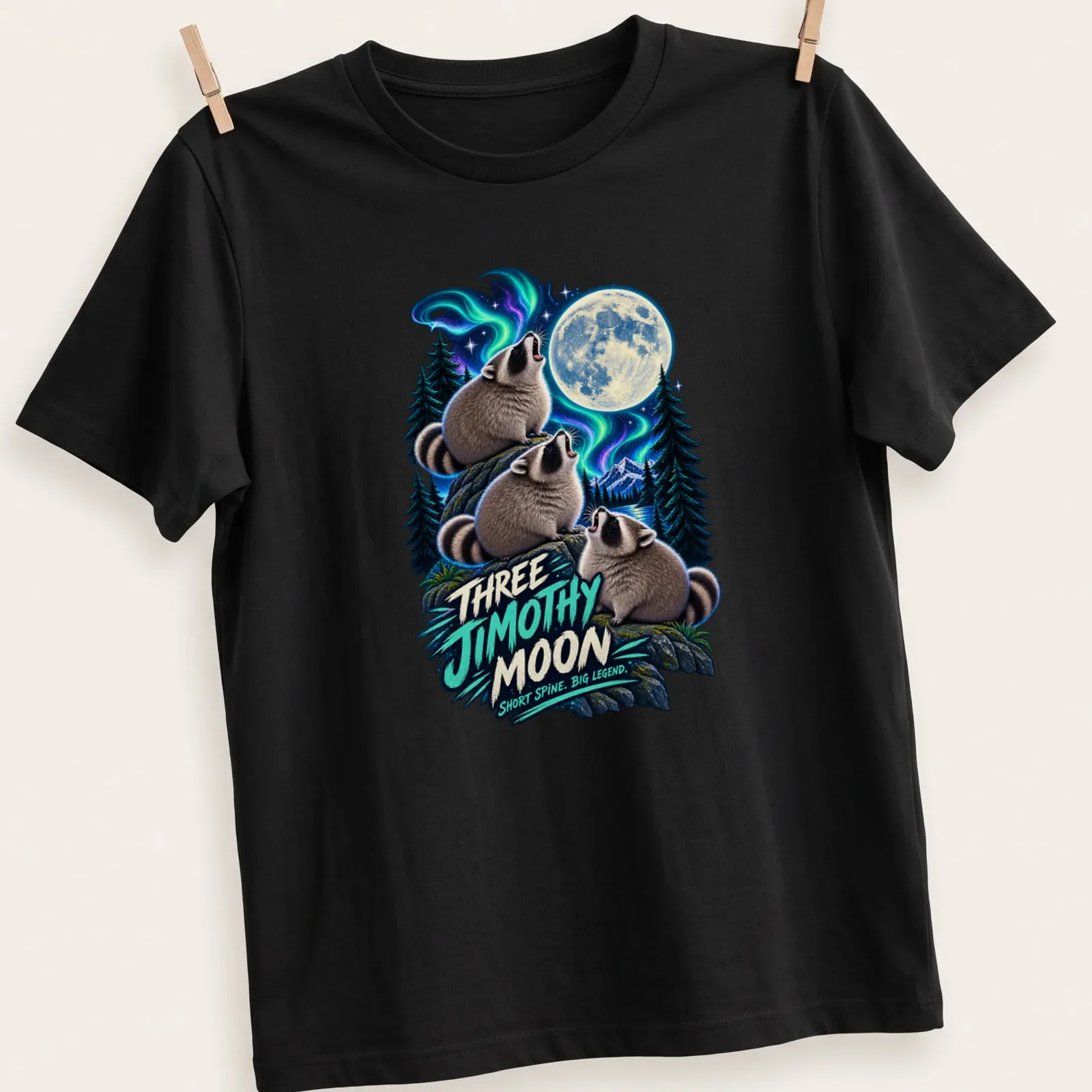 Vibrant fantasy print of raccoons howling at the moon with whimsical text — printed on a unisex t-shirt