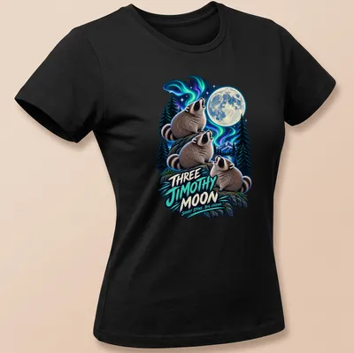 Vibrant fantasy print of raccoons howling at the moon with whimsical text — printed on a women's shirt