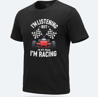 Bold typographic design with a race car, featuring playful text about racing thoughts.