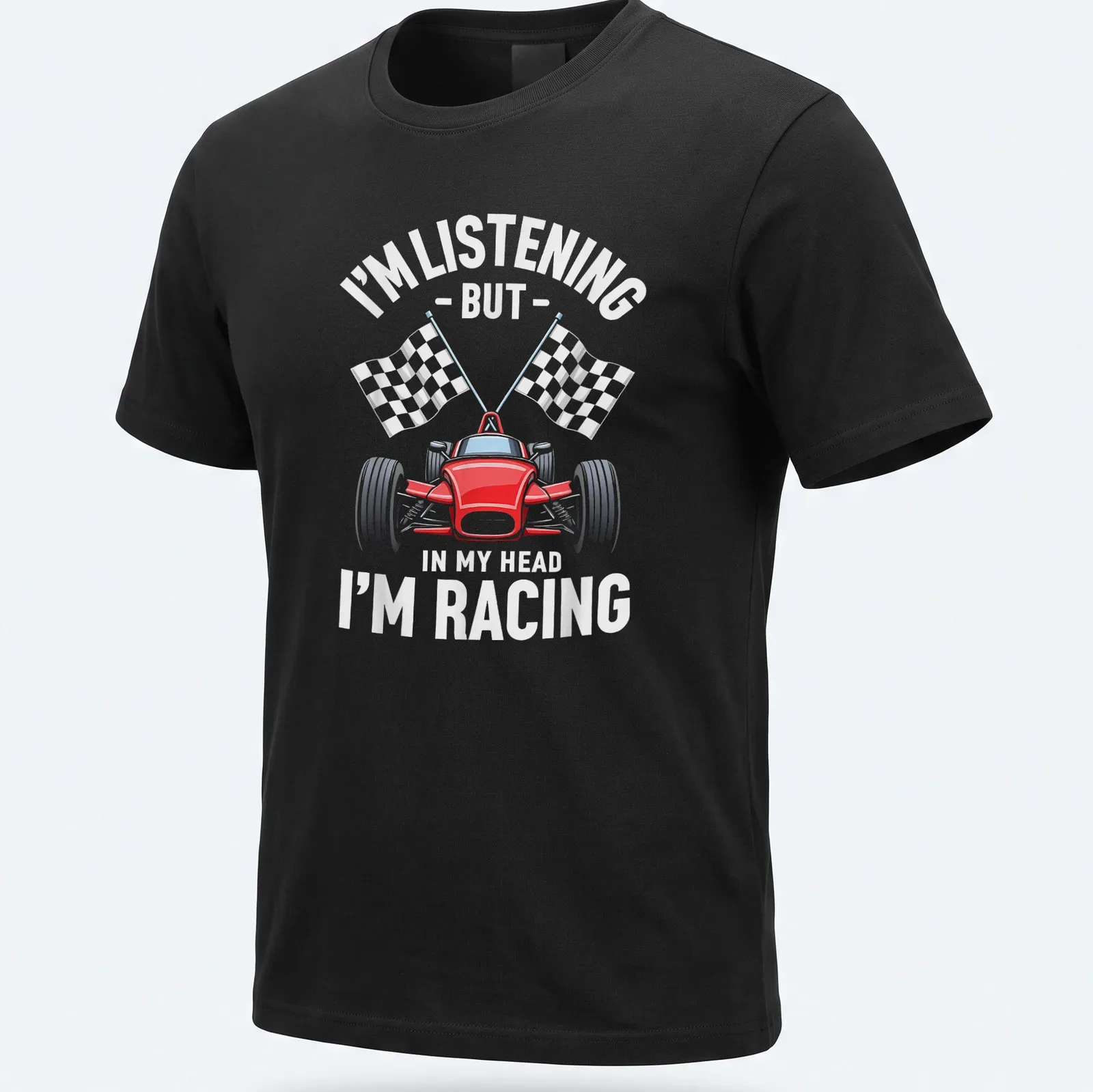 Bold typographic design with a race car, featuring playful text about racing thoughts. — printed on a unisex t-shirt