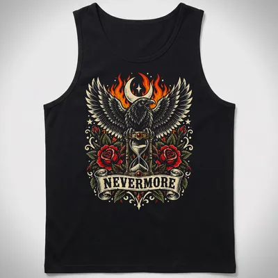 Vintage gothic shirt with a raven, hourglass, and roses, featuring the word 'NEVERMORE' — printed on a tank top