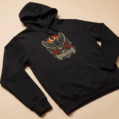 Vintage gothic shirt with a raven, hourglass, and roses, featuring the word 'NEVERMORE' — printed on a unisex hoodie