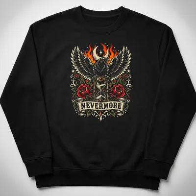 Vintage gothic shirt with a raven, hourglass, and roses, featuring the word 'NEVERMORE' — printed on a unisex sweatshirt