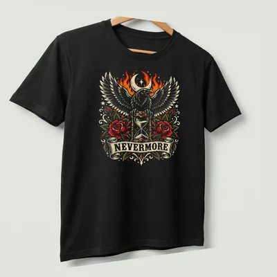 Vintage gothic shirt with a raven, hourglass, and roses, featuring the word 'NEVERMORE' — printed on a unisex t-shirt (angled view)